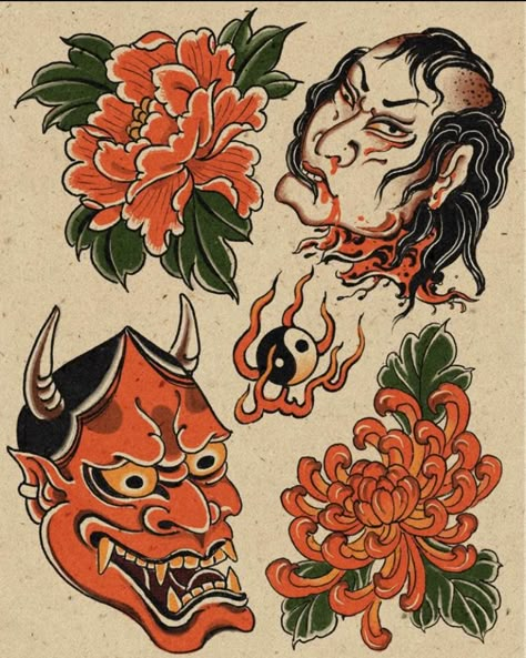 Japanese Flash Tattoo Design, American Traditional Tattoos Unique, Japanese Tattoo Art Simple, Japanese Flash Sheet, Japanese Old School Tattoo, Traditional Japanese Flower Tattoo, Old School Japanese Tattoo, Japanese Oni Tattoo, Japanese Traditional Tattoo Flash