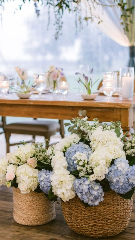 Antique Silver Wedding Decor, Round Table Shower Decor, Hydrangea Table Arrangements Wedding, Blue And Rattan Wedding, Beach Wedding Spring, Hydrengas Flower Arrangement Wedding, Hydrangea Wedding Table Decor, Inexpensive Wedding Florals, Hydrangea Wedding Decorations