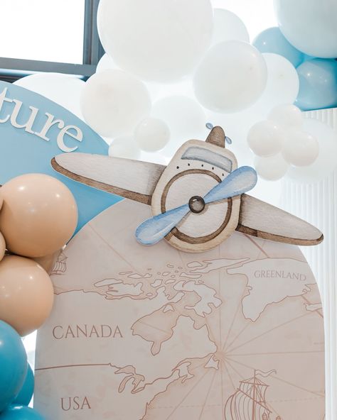 The details ✈️ from vintage luggage to themed ribbon, no detail was spared when creating this beautiful day. Working closely with our client to perfect her dream florals, custom signage and napkins, and table decor, this baby shower was nothing short of amazing 🩵 We also had the opportunity to work with some other incredible vendors for this event! Florals and Event Design @bloomhaus__ Custom Signage and Napkins @bloomhaus__ Balloons, Backdrop and Dessert Cart @janettloveshop Cake, Coo... Little Adventurer Baby Shower Theme, Pilot Baby Shower Theme, Airplane Theme Baby Shower Decor, Our Greatest Adventure Baby Shower Theme, Greatest Adventure Baby Shower Theme, Adventure Awaits Baby Shower Ideas, Aviation Themed Party, Vintage Airplane Theme, Adventure Baby Shower Theme