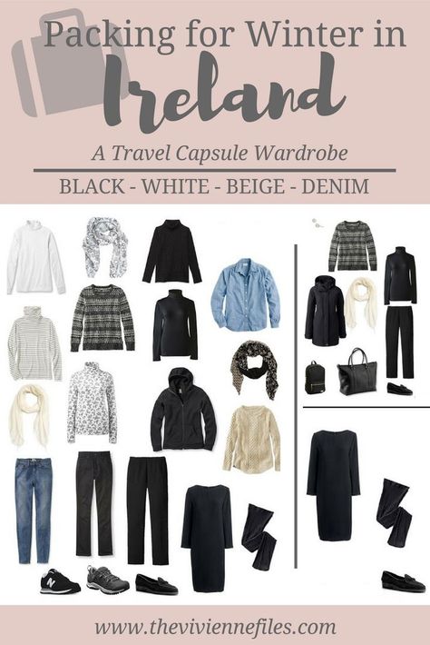 A winter travel capsule wardrobe - What to pack for Ireland in winter Winter In Ireland, Winter Travel Capsule Wardrobe, Pack For Ireland, Winter Capsule Wardrobe Travel, Ireland Clothes, Winter Travel Wardrobe, Ireland Outfits, Winter Travel Outfit, Travel Ireland