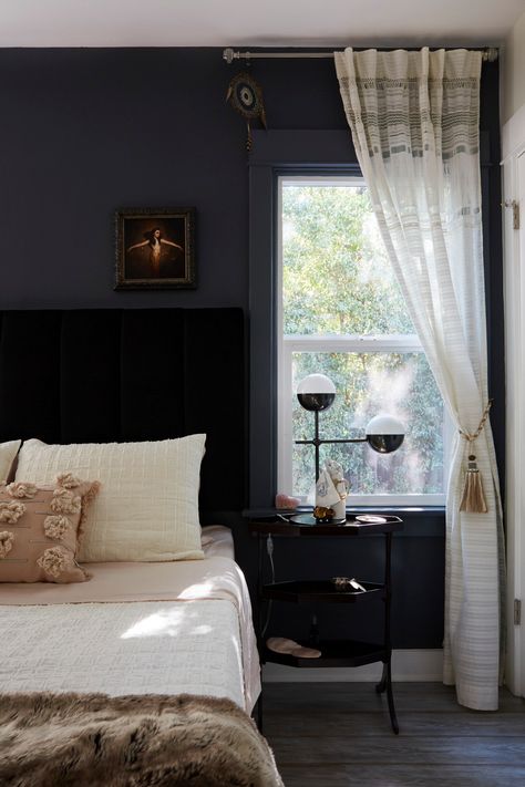 Romantic Bedroom Colors, Eclectic Bedroom Design, Old Home Renovation, Charcoal Walls, California Bungalow, Dark Bedroom, Cute Dorm Rooms, Eclectic Bedroom, Black Bedroom