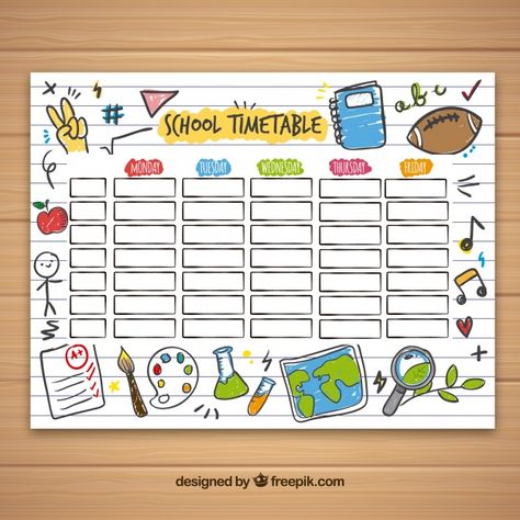 School timetable template with hand drawn school objects Free Vector School Timetable Template, Timetable Design, School Objects, Timetable Ideas, Class Schedule Template, Escuela Diy, Daily Schedule Kids, Class Timetable, Timetable Template