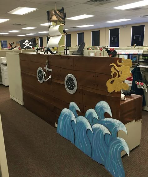 Image result for pirate cubicle halloween Under The Sea Cubicle Decorations, Pirate Themed Office Party, Office Pirate Decorations, Pirate Halloween Decorations Office, Pirate Ship Cubicle, Pirate Ship Decorations Diy, Pirate Office Decor, Vbs Cruise Theme, Pirate Ship Decorations