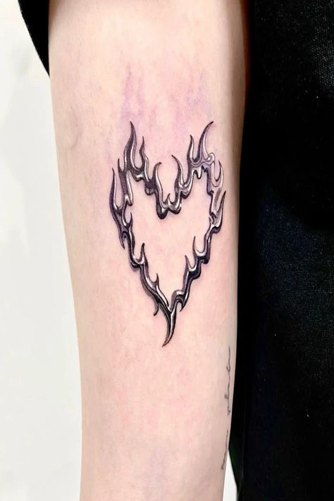 Fire Heart Tattoo Design, Flames Heart Tattoo, Flamed Heart Tattoo, Red Flame Heart Tattoo, Minimal Tattoo Heart, Spikey Heart Tattoos, Trippy Heart Tattoo, Fiery Heart Tattoo, Edgy Heart Tattoo