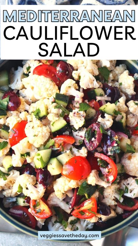 Easy to make with 10 ingredients, Mediterranean Cauliflower Salad is crunchy and satisfying. Dr Brooke Goldner Recipes, Raw Fruits And Vegetables Recipes, Vegan Mediterranean Diet, Brooke Goldner, Mediterranean Dressing, Crunchy Cauliflower, Mediterranean Cauliflower, Mediterranean Salad Recipe, Vegan Mediterranean