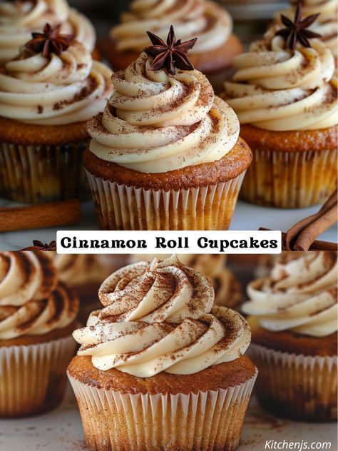 Indulge in the heavenly combination of soft cinnamon rolls and moist cupcakes! These Cinnamon Roll Cupcakes are swirled with cinnamon sugar, topped with cream cheese frosting, and perfect for breakfast or dessert. Sweet, fluffy, and oh-so-irresistible! #CinnamonRollCupcakes #CupcakeLove #SweetTreats #BakingInspiration #DessertGoals #CinnamonLovers #CreamCheeseFrosting #HomemadeGoodness Easy Cinnamon Cupcake Recipes, All Purpose Flour Dessert Recipes, Cinnamon Roll Cupcakes Easy, Cinnamon Rolls Cupcakes, Cheap Baked Goods, Fall Deserts Ideas, Cinnamon Deserts, Cinnamon Roll Cupcake, Cinnamon Cupcakes Recipe