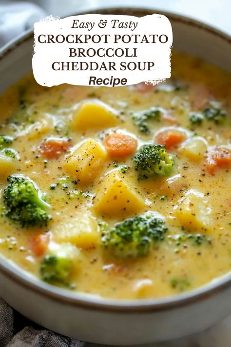 Crockpot Potato Broccoli Cheddar Soup - Creamy, rich, and perfect for a chilly day, this Crockpot Broccoli Cheddar Soup is loaded with vegetables and cheese, yet so simple to make! Just a few ingredients transform into a flavorful, comforting bowl that warms you right up. 6 cups broccoli florets (from 2 heads)1 cup chopped onion1 Broccoli Potato Soup Crockpot, Broccoli Soup Crockpot, Potato Broccoli Cheddar Soup, Crockpot Broccoli Cheddar Soup, Cheddar Broccoli Potato Soup, Crockpot Broccoli, Broccoli Potato Cheese Soup, Potato Cheddar Soup, Easy Crockpot Soup