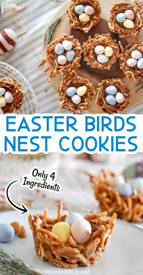 These 4 ingredient haystack cookies are shaped like bird's nests and filled with mini chocolate eggs. Birds nest cookies are a cute and delicious Easter treat! Birds Nest Rice Crispy Treats, Easter Birds Nest Cookies, Bird Nest Cookies, Birds Nests Recipe, Birds Nest Cookies, Easter Birds Nest, Best No Bake Cookies, Chocolate Nests, Easter Egg Nest