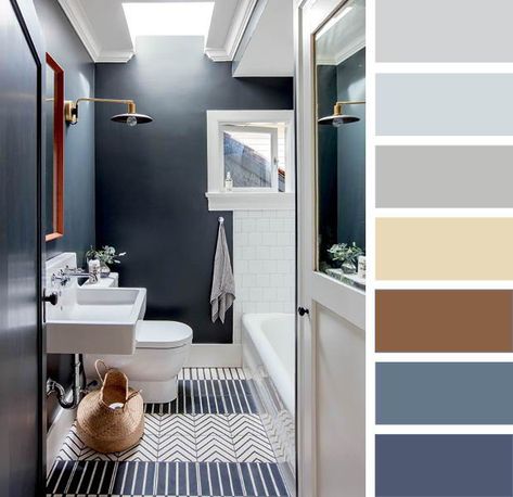 Soft grey, cream, brown, slate, navy color palette in a small bathroom. | Photographer: Janis Nicolay | Designer: Sophie Burke Color Palette Bathroom Colour Schemes, Color Palette For Bathroom, Bathroom Color Combinations, Bathroom Color Palettes, Interior Colour Palette, Palette House, Blue And Brown Bathroom, Bathroom Color Palette, Navy Color Palette