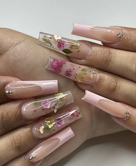 Simple Encapsulated Nails, Emerald And Pink Nails, Encapsulated Flower Nails Acrylics, Rose Encapsulated Nails, Floral Encapsulated Nails, Flower Inlay Nails, Tea Party Nail Designs, Milk Acrylic Nails, Flower Ombre Nails