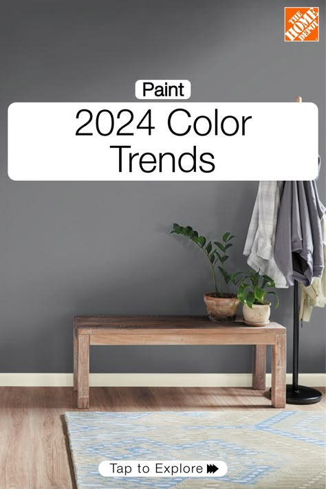 Elevate your home with the latest paint color trends for 2024 from BEHR at The Home Depot. Discover the versatility of Cracked Pepper, the Color of the Year, a soft black shade that adds depth and sophistication to any space. Explore the 2024 Color Trends Palette, featuring Whipped Cream, Weathered White, Even Better Beige, Malted, and Tranquil Gray. Whether you're looking for a moody or a serene ambiance, BEHR's offers endless possibilities for every design style. Tap to explore.