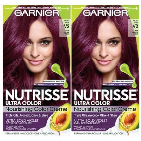 Garnier Nutrisse Ultra Color Nourishing Color Cream in Ultra Bold Violet Dark Purple Hair Dye, Permanent Purple Hair Dye, Best Purple Hair Dye, Fall Hair Dye, Purple Hair Dye, Garnier Hair Color, Dark Hair Dye, Violet Hair Colors, Color Mask