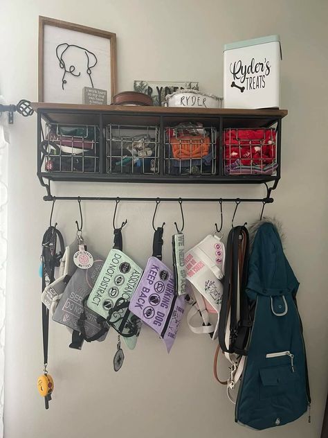 Dog Hanging Storage, Dog Set Up Ideas In Bedroom, Dog Organization Ideas Storage, Shelves For Dog Stuff, Dog Office Ideas, Dog Shelves Ideas, Diy Dog Storage Ideas, Storage For Dog Stuff, Dog Home Organization