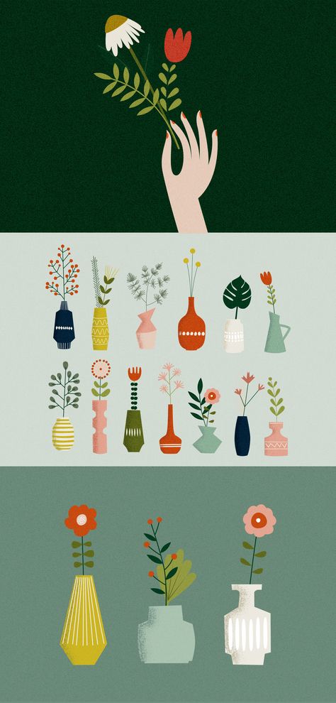 Mid Century Flowers & Vases Modern Illustration Style, Mid Century Modern Living Room Furniture, Mid Century Landscaping, Vase Illustration, Mid Century Modern Nursery, Mid Century Modern Painting, Mid Century Interior Design, Mid Century Modern Artwork, Mid Century Modern Exterior