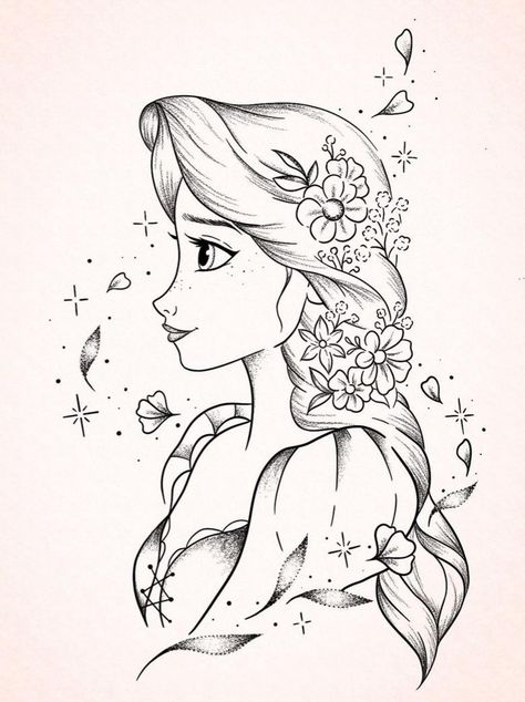 Rapunzel Tattoo Meaning, Tangled Drawings Rapunzel, Rupunzle Drawing, Repunzel Drawings Sketches, Snow White Drawing Sketches, Cute Disney Princess Drawings, Rapunzel Drawing Sketch, Tangled Drawings Easy, Princess Belle Drawing