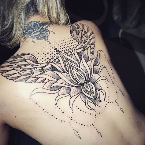 Angle Wing Tattoo For Women On Back, Flower Wings Tattoo, Wings And Flowers Tattoo, Angel Wing Mandala Tattoo, Lotus Flower With Angel Wings Tattoo, Female Wing Back Tattoo, Back Of The Neck Angel Wings, Popular Tattoo Designs, Wing Tattoos On Back