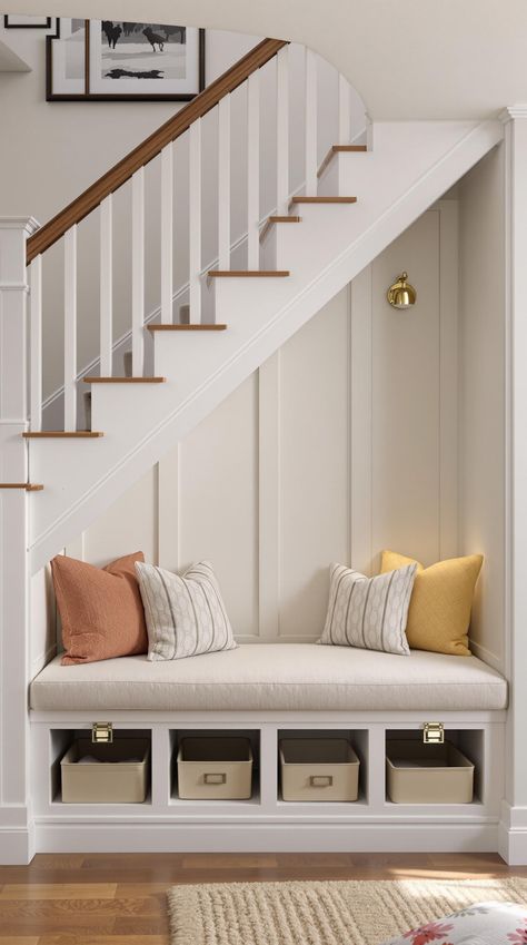 Staircase Storage Under Stairs Under Stairs Bench And Storage, Stair Shoe Storage Ideas, Under Stairs Snug, Under Stairs Bench Seat, Under Stair Built In, Under Stairs Entryway Ideas, Under Stairs Built Ins, Under Stairs Ideas Entryway, Entryway Under Stairs