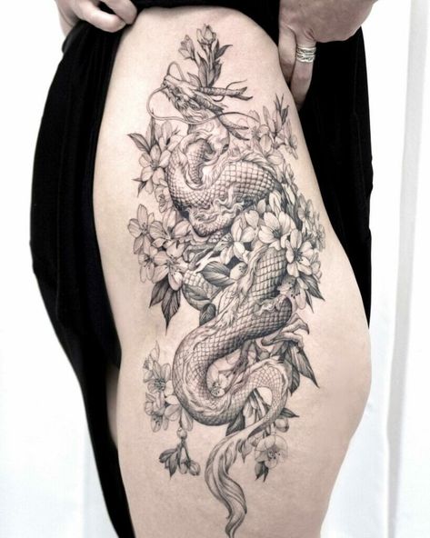 Dragon Cherry Blossom Tattoo, Random Tattoos Ideas, Mari Tattoo, Dragon Cherry Blossom, Haku Dragon Tattoo, Dragon Thigh Tattoo, Tattoos Thigh, Haku Dragon, Do Tattoo