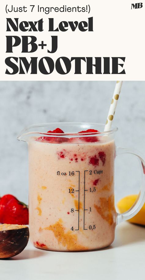 Creamy Vegan PB&J Smoothie with ALL the flavor of a classic PB&J sandwich. Just 7 whole food ingredients required! Pb&j Smoothie Recipe, Torani Syrup Recipes, Crab Apple Jelly, Pb And J Smoothie, Strawberry Chia Jam, Pb And J, Chia Seed Smoothie, Torani Syrup, Strawberry Compote