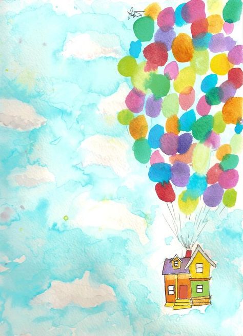 Up in watercolors @Johanna Hörrmann Hörrmann Barbosa Beginning Watercolor Ideas, Watercolor Simple Art, Simple Watercolor Painting Ideas, Pretty Watercolor Paintings, Watercolor Art Easy, Up Pixar, Balloon Tattoo, Watercolor Birthday Cards, Paintings Easy