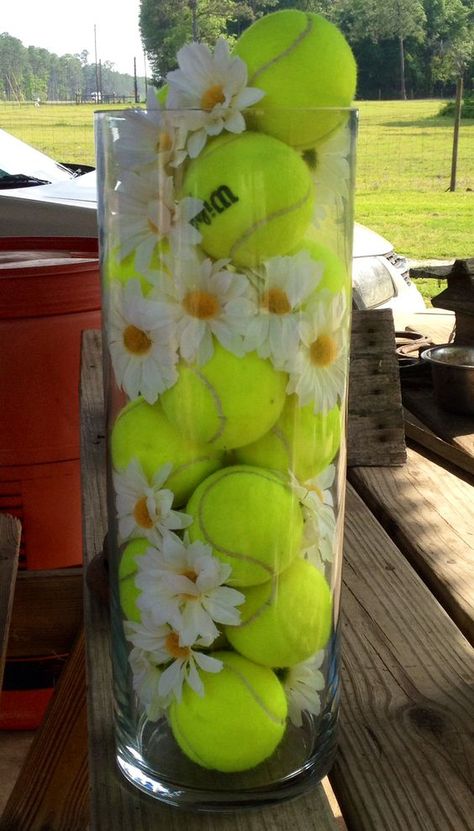 Such a beautiful centerpiece for a tennis-themed party! Check out more tennis ideas at #lorisgolfshoppe Tennis Banquet Ideas, Tennis Ball Crafts, Tennis Senior Night, Tennis Decorations, Tennis Crafts, Tennis Birthday Party, Tennis Wedding, Wimbledon Party, Tennis Party Ideas