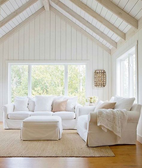 White Wood Paneling, Beams Living Room, Vaulted Ceiling Living Room, Shiplap Ceiling, Plank Ceiling, Wood Beam Ceiling, White Shiplap, Ceiling Ideas, Vaulted Ceilings