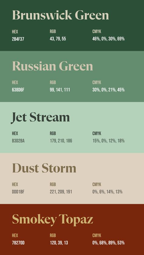 Colors:
2B4F37
638D6F
B3D2BA
DDD1BF
78270D Unique Color Palette Colour Schemes, Color Palette Japanese, Colors Hex Codes, Unique Color Names, Flat Color Palette, Rare Colors, Pantone Colour Palettes, Cool Color Palette, Color Design Inspiration