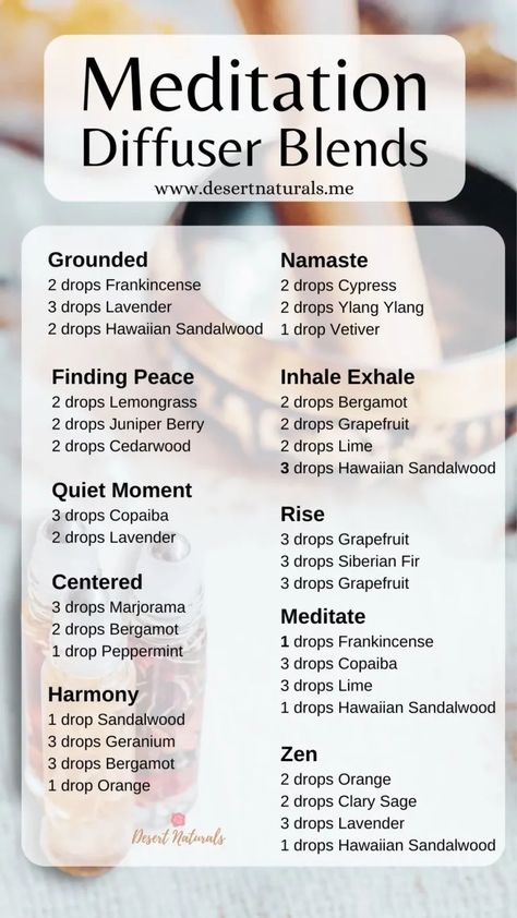 Essential Oil Diffuser Blends for Meditation Blend Essential Oils Recipes, Healing Diffuser Blends, Spiritual Essential Oil Blends, Diy Essential Oil Blends Recipes, Medicinal Essential Oil Blends, Aromatherapy Recipes Diy Essential Oil Blends, Essential Oils Spiritual Uses, Diffuser Oil Recipes, Roller Blends Essential Oils