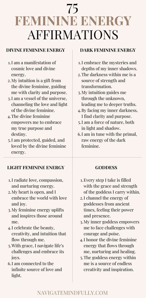 75 Feminine Energy Affirmations to Awaken Your Inner Goddess Feminine Energy Affirmation, Energy Affirmations, Powerful Feminine, Healing Journaling, Losing 40 Pounds, Divine Feminine Spirituality, Healing Affirmations, A Course In Miracles, Self Care Bullet Journal