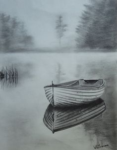 Elena Whitman 3d Pencil Sketches, Boat Sketch, Easy Pencil Drawings, Boat Drawing, Pencil Sketch Drawing, Landscape Sketch, Pencil Drawings Easy, Water Reflections, 3d Drawings