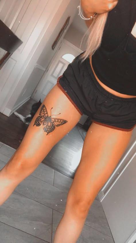 Upper Leg Tattoos For Women Thigh Tat Butterfly, Thigh Tats For Women Butterfly, Upper Thigh Butterfly Tattoo, Leg Tattoo For Females, Female Leg Tattoos Thigh Piece, Butterfly Leg Tattoo Thighs, Butterfly Thigh Tattoos Women, Thigh Tattoo Butterfly, Tattoo Ideas Leg Female