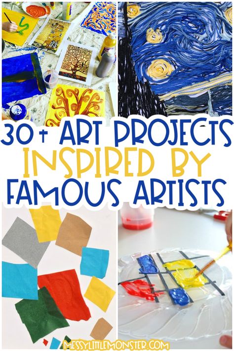 famous artists for kids - fun art projects for kids Famous Art For Preschoolers, Kindergarten Artist Inspired Art, Kindergarten Art Projects Famous Artists, Artists For Preschoolers, Art Lessons Elementary Famous Artists, Famous Artists Preschool Activities, Famous Artists For Preschool, Preschool Famous Artist Projects, Artist For Preschoolers