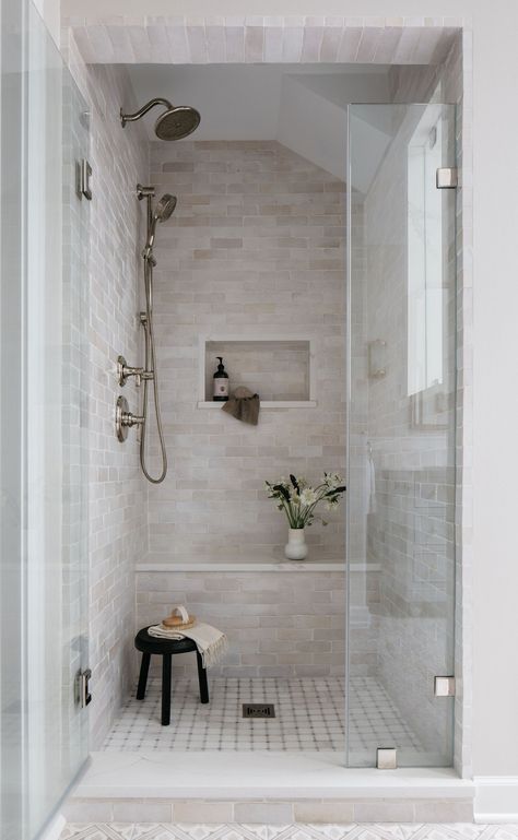 Bathroom Shower Tile Ideas Cream, Riverstone Tile Bathroom, Powder Blue Master Bath, Light Shower Tile, Small Stand Up Shower Ideas, Modern Transitional Bathroom, Emerald House, Master Bath Shower, Coastal Bathroom