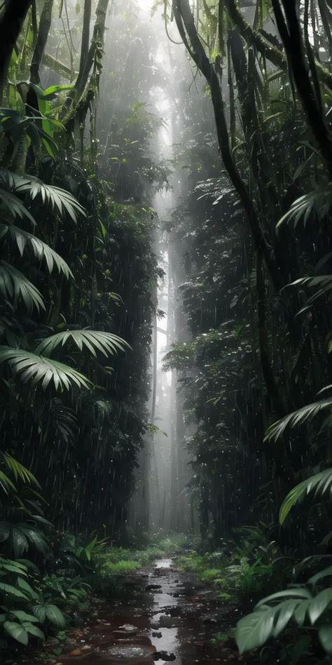 The image is a tall, narrow, vertical rectangle. It is a photo of a jungle path. The path is in the foreground, and it is made of dirt and is wet from the rain. On either side of the path is a dense jungle. The trees are tall and have large green leaves. The leaves are so dense that they block out the sun, and it is dark and gloomy in the jungle. The only light comes from a few small rays of sunlight that shine through the trees. The image is very realistic, and it feels like you are actually there in the jungle. Aesthetic Realistic Pictures, Nature Jungle, Jungle Photos, Jungle Trees, Jungle Astethic, Lush Jungle, Dark Jungle Aesthetic, Jungle Environment, Jungle Foliage