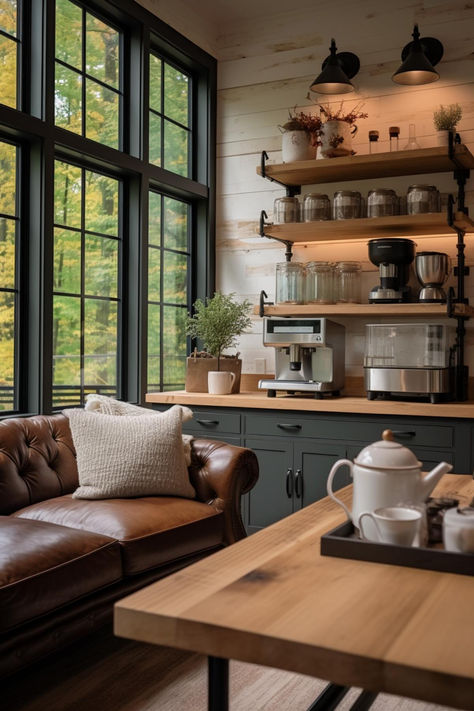 30 Cozy Farmhouse Coffee Bar Designs for Your Home Coffee Shop Inspired Kitchen, Coffee Nook With Seating, Coffee Bar Ideas Dark Wood, Cozy Coffee Station, Coffee Bar Area Ideas, Coffee Nook In Pantry, Industrial Coffee Station, Living Room Coffee Bar, Coffee Bar Lighting Ideas