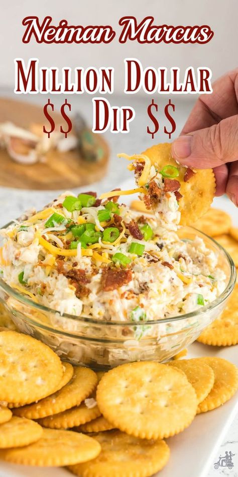 This Million Dollar dip aka the Neiman Marcus dip is ridiculously easy to make with minimal ingredients and only 5 minutes of your time. It simply delectable with creamy tangy flavor, crispy bacon pieces, and the added crunch thanks to the chopped green onions and sliced almonds if you like nuts - perfect for your next party or whenever the craving hits! Million Dollar Dip Recipe, Thanksgiving Dip, Neiman Marcus Dip, Spicy Cheese Dip, Million Dollar Dip, Baked Goat Cheese, Spicy Cheese, Party Dip, Easy Dips