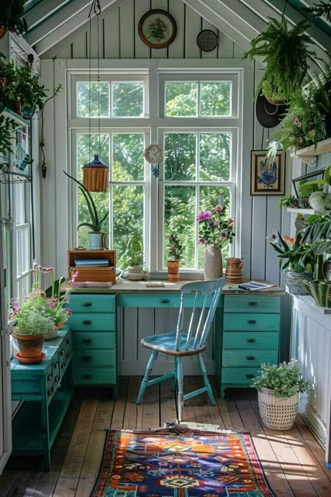 She Shed Office Ideas, Shed Office Ideas, She Shed Interior Ideas, She Shed Decorating Ideas, She Shed Office, She Shed Interior, Cottage Garden Sheds, Garden Shed Interiors, Productive Workspace