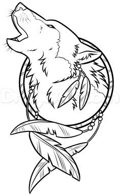 drawing a wolf dreamcatcher step 8 Indian Wolf, Wolf Dreamcatcher, Indian Dream Catcher, Wolf Colors, Native Beading, Wolf Drawing, Wood Burning Patterns, Wood Carving Patterns, Wood Burning Art