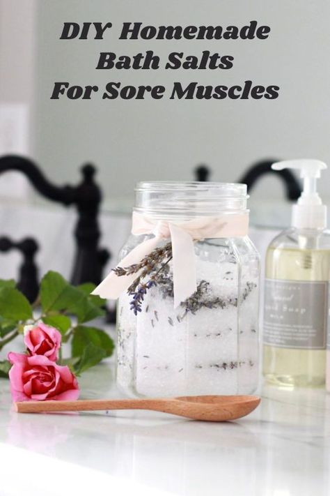 DIY Bath Salts Recipe. Easy to make and inexpensive bath salts for sore muscles Epsom Salt Bath Recipe Sore Muscles, Bath Salt Recipes With Essential Oils, Diy Epsom Salt Bath Recipes, Epsom Salt Bath Recipe, Diy Bath Salts Recipe, Sore Muscles Bath Soak, Diy Bath Salts With Essential Oils, Foaming Bath Salts, Esthetic Business