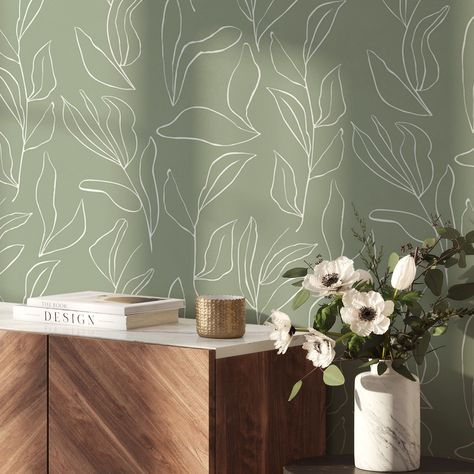 Free Beginners Guide to Green Living Room Decor Wallpaper In Green Room, Sage Green Mural Wallpaper, Minimalist Wallpaper Peel And Stick, Boho Bathroom Wallpaper Green, Cute Wallpaper Bedroom Accent Walls, Plant Wallpaper Dining Room, Sage Green Wallpaper Accent Wall, Green Wallpaper Entryway, Small Bathroom Green Wallpaper