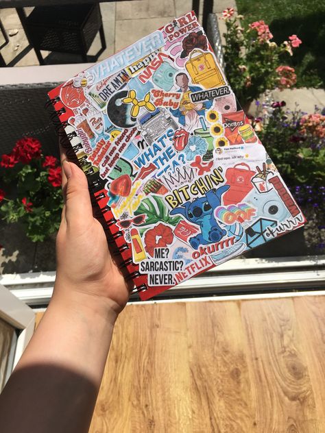 Stickers On Book Cover, Sticker On Notebook Cover, How To Make Your Notebook Cover Aesthetic, Sticker Covered Things, Notebook Cover Art Diy, Notebook Covered In Stickers, Notebook With Stickers On The Cover, Stickers Placement Ideas, Customized Notebooks Cover