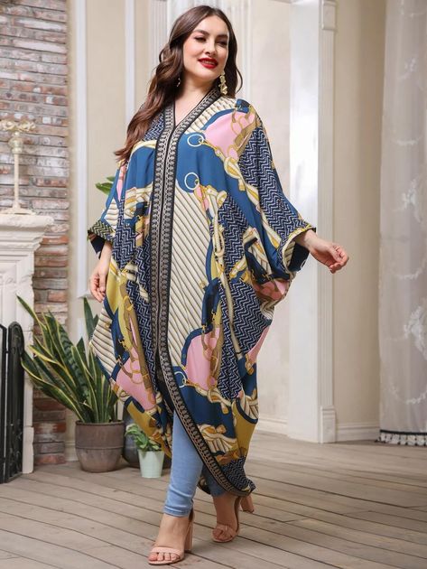 Plus Chevron And Chain Print Kaftan Dress | SHEIN USA Greek Draping, Cowl Drape Dress, Latest Abaya Designs, Panjabi Dress, Turkey Party, Fall Plus Size Dresses, Kaftan Designs, Morning Dress, Simple Kurta Designs