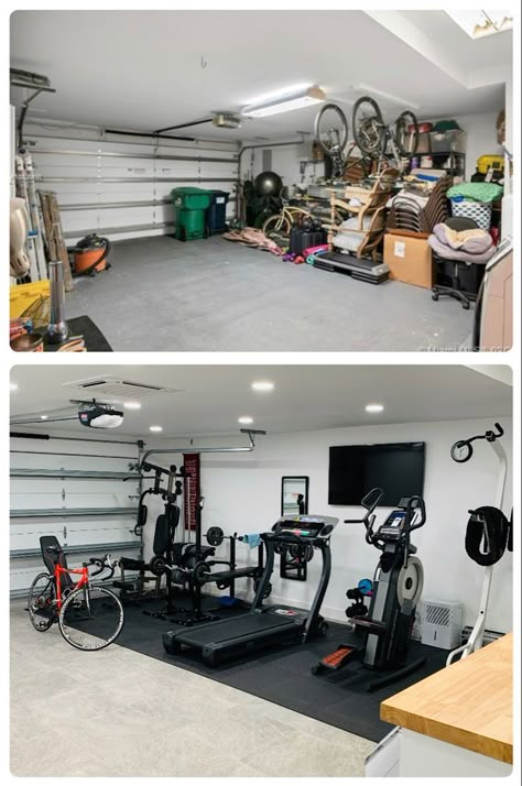 Garage Work Out Gym, Garage Peloton Gym, Home Gym Half Garage, Double Garage Gym Ideas, Garage Organization And Gym, Gym At The Garage, Workout Garage Home Gyms, Functional Garage Gym, Gyms In Garage