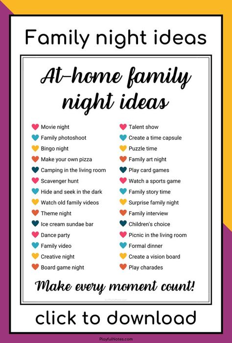 Discover 31 easy and fun at-home family night ideas that you and your kids will love! They are great for building connection and having fun together!  --- Family activities at home | Family fun Cheap Family Night Ideas, Things To Do At Home With Family, Weekly Family Night Ideas, At Home Family Night Ideas, Fun Family Challenges, Family Night In Ideas, Activities For Family Night, Family Night Activities At Home, Family Time Ideas At Home