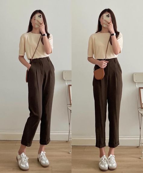 Turtle Neck Blouse Outfit, College Simple Outfits, College Campus Outfits Summer, Korean Outfits Office, Korean Ootd Casual, Tutor Outfit, Nude Shirt Outfit, Korean Casual Outfits Simple, Everyday Outfits Casual Simple