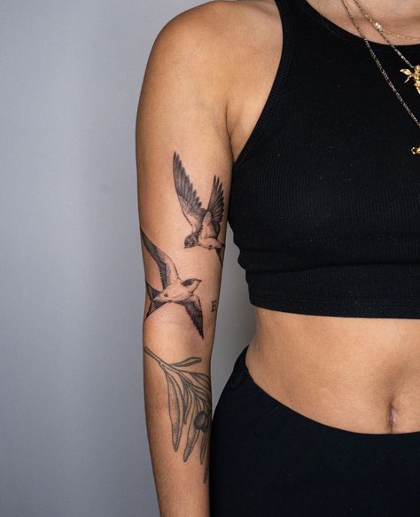 Inner Arm Bird Tattoos For Women, Bird Tattoo Placement For Women, Bird Tattoos Woman, Inner Bicep Bird Tattoo, Birds Going Up Arm Tattoo, Swallow Tattoo Arm Woman, Bird Tattoo Placement Ideas, Forearm Tattoo Women Birds, Woman Bird Tattoo