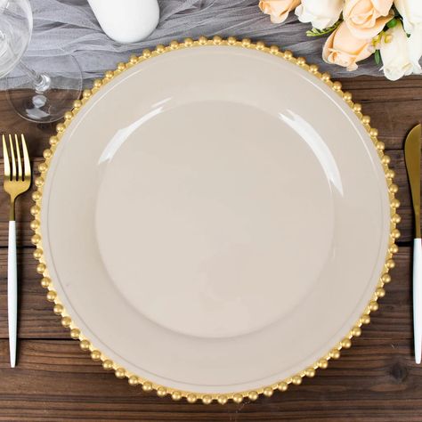 Explore our 6-pack 12" Taupe Gold Acrylic Plastic Beaded Rim Charger Plates. Perfect for adding elegance to your dining. ✓ Buy now and elevate your table decor! Acrylic Charger Plates, Pipe And Drape Backdrop, Dark Teal Color, Glass Charger Plates, Rectangle Tables, Mission Accomplished, Dinner Entrees, Course Meal, Long Table