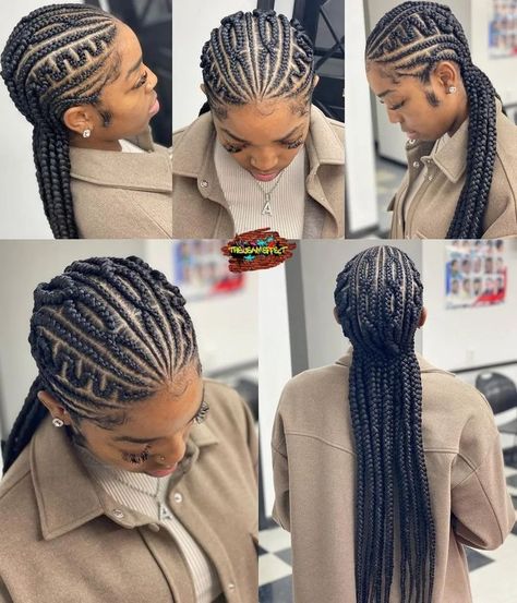 Stitch Braids With Individuals In The Back, New Straight Up Hairstyles Braids, Trendy Feed In Braids, Stylish Straight Back Braids, Hair Styles Straight Back, Feed In Braids Cornrows Straight Back With Designs, Cute Straight Back Hairstyles, Braided All Back Hairstyles, Canerow Back Braids Hairstyles