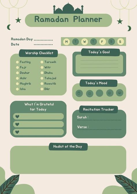 Green and Beige Simple Cute Ramadhan Planner A4 Document - Templates by Canva Ramzan Planner, Ramadan Planner Ideas, Ramadhan Planner, Ramadan Planer, Ramadan Goals, Ramadan Aesthetic, Islamic Planner, Green Planner, Ramadan Planner