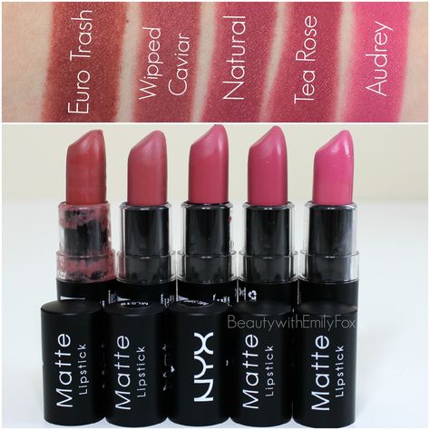 NYX Matte Lipsticks (L-R) Euro Trash, Whipped Caviar, Natural, Tea Rose and Audrey Nyx Tea Rose Lipstick, Makeup Lips Matte, Nyx Lipstick Matte, Euro Trash, Nyx Matte, Kylie Makeup, Nyx Lipstick, Natural Tea, Makeup 101